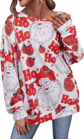 JINTING Women’s Christmas Tree Sweatshirt Santa Claus Lightweight Sweatshirts Merry Christmas One Off Shoulder Shirt Blouse in Saudi Arabia