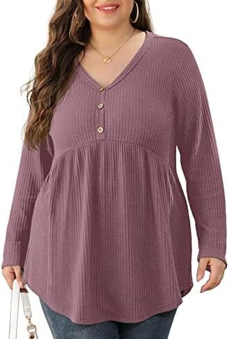 بلوزة نسائية من OLRIK بأكمام طويلة ومقاسات كبيرة ورقبة على شكل حرف V وأزرار لأعلى وبلوزة بيبلوم محاكة بطيات وقمصان فضفاضة in Kuwait