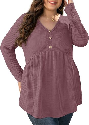 بلوزة نسائية من OLRIK بأكمام طويلة ومقاسات كبيرة ورقبة على شكل حرف V وأزرار لأعلى وبلوزة بيبلوم محاكة بطيات وقمصان فضفاضة in Kuwait