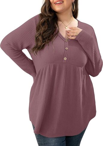 بلوزة نسائية من OLRIK بأكمام طويلة ومقاسات كبيرة ورقبة على شكل حرف V وأزرار لأعلى وبلوزة بيبلوم محاكة بطيات وقمصان فضفاضة in Kuwait