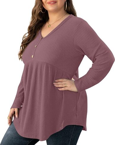 بلوزة نسائية من OLRIK بأكمام طويلة ومقاسات كبيرة ورقبة على شكل حرف V وأزرار لأعلى وبلوزة بيبلوم محاكة بطيات وقمصان فضفاضة in Kuwait