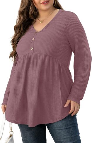 بلوزة نسائية من OLRIK بأكمام طويلة ومقاسات كبيرة ورقبة على شكل حرف V وأزرار لأعلى وبلوزة بيبلوم محاكة بطيات وقمصان فضفاضة in Kuwait