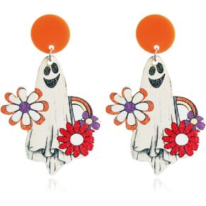 Halloween Cute Ghost Pumpkin Man Wooden Dangle Earrings Funny Cartoon Ghost Halloween Wood Earrings for Women Girls Festive Party Cosplay Costume Jewelry Halloween Gifts