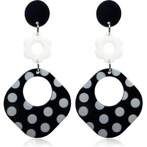 RofYof 70s 80s Black White Spots Resin Geometry Dangle Drop Stud Earrings Retro Bohemian Square Checkered Acrylic Dangle Earrings for Women Girls Statement Jewelry Gifts