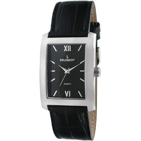 Peugeot Men's Rectangular Textured Roman Numeral Dial Classic Dress Wrist Watch with Leather Strap Band