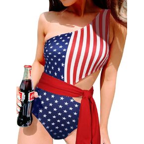 One Piece Bathing Suit for Women One Shoulder Cut Out Swimsuit Ribbed Color Block Monokini Tie Side Waist Swimwear