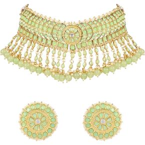 I Jewels 18K Gold Plated Indian Wedding Bollywood Kundan & Pearl Studded Choker Necklace Jewellery Set For Women/Girls (K7210-1)
