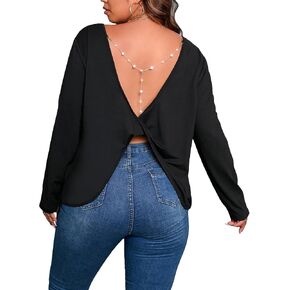 تي شيرت نسائي SOLY HUX مقاس كبير بدون ظهر وأكمام طويلة وسلسلة لؤلؤية in Kuwait