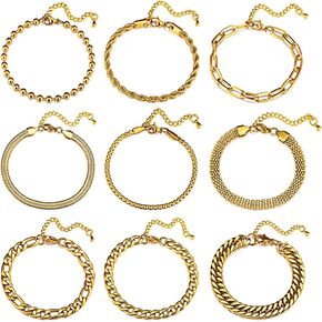 Cupimatch 9 pcs Stackable Cuban Paperclip Beaded Link Chain Bracelet Set Adjustable Stainless Steel Chunky Cable Snake Wrist Bracelets Jewelry for Women Men