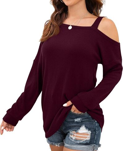 IWOLLENCE المرأة الباردة الكتف قمم طويلة الأكمام قمصان بلوزة الهراء متماسكة سترة عارضة قمم فضفاضة تناسب in Kuwait