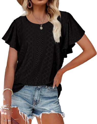WIHOLL Womens Tshirts Loose Fit Crew Neck Ruffle Sleeve Summer Casual Tops in Saudi Arabia