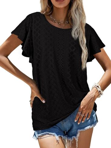 WIHOLL Womens Tshirts Loose Fit Crew Neck Ruffle Sleeve Summer Casual Tops in Saudi Arabia