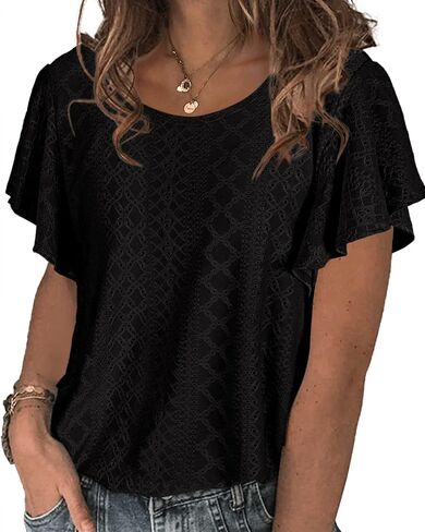 WIHOLL Womens Tshirts Loose Fit Crew Neck Ruffle Sleeve Summer Casual Tops in Saudi Arabia