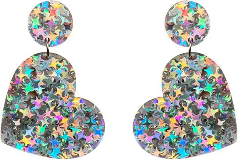 Exaggerated Acrylic Round Rectangle Heart Shape Glitter Sequins Dangle Drop Earring Boho Lightweight Geometric Circle Sequin Stud Statement for Women Girls 60s 70s Y2K Jewelry Gifts in Kuwait