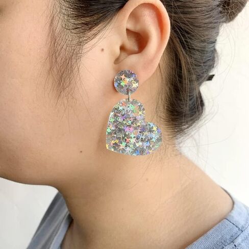 Exaggerated Acrylic Round Rectangle Heart Shape Glitter Sequins Dangle Drop Earring Boho Lightweight Geometric Circle Sequin Stud Statement for Women Girls 60s 70s Y2K Jewelry Gifts in Kuwait