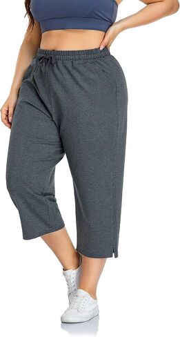 ZERDOCEAN Women's Plus Size Active Yoga Sweatpants Cotton Jersey Capris Athletic Crop Pants with Pockets Drawstring in Saudi Arabia