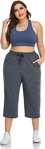 ZERDOCEAN Women's Plus Size Active Yoga Sweatpants Cotton Jersey Capris Athletic Crop Pants with Pockets Drawstring in Saudi Arabia