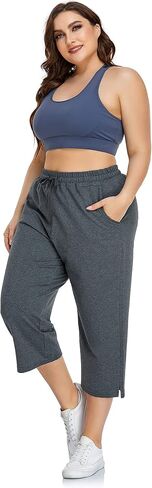 ZERDOCEAN Women's Plus Size Active Yoga Sweatpants Cotton Jersey Capris Athletic Crop Pants with Pockets Drawstring in Saudi Arabia