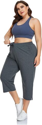 ZERDOCEAN Women's Plus Size Active Yoga Sweatpants Cotton Jersey Capris Athletic Crop Pants with Pockets Drawstring in Saudi Arabia