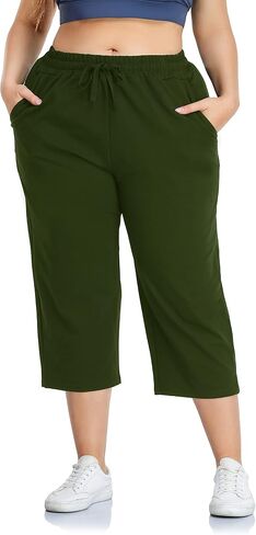 ZERDOCEAN Women's Plus Size Active Yoga Sweatpants Cotton Jersey Capris Athletic Crop Pants with Pockets Drawstring in Kuwait