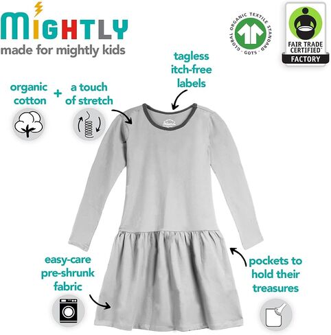 Mightly Girls' Long Sleeve Tiered Dress with Pockets | 95% Organic Cotton, Kids Colorful Dress, School, Parties & Play in Kuwait