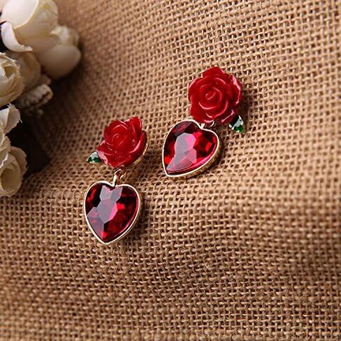 XCFS 18K الذهب مطلي خمر مقلد روبي القلب و زهرة حمراء المرأة بنات أقراط, ذهبي in Kuwait