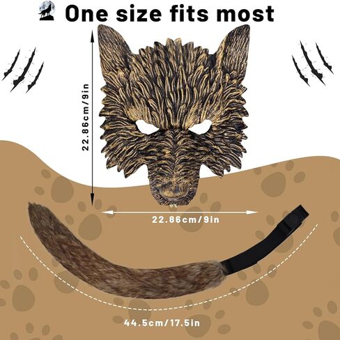Erythem Wolf Costume Halloween Wolf Mask and Tail, Big Bad Wolf Costume Set Realistic wolf Dress-Up Accessories in Kuwait