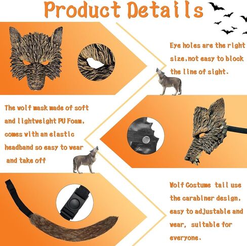 Erythem Wolf Costume Halloween Wolf Mask and Tail, Big Bad Wolf Costume Set Realistic wolf Dress-Up Accessories in Kuwait
