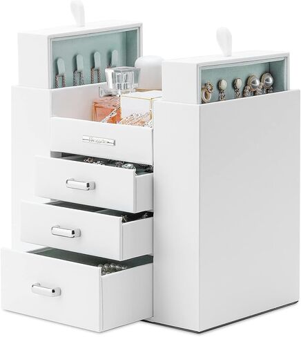 هومدي منظم مجوهرات للبنات والنساء، صندوق مجوهرات للقلائد والخواتم والاقراط وحامل تخزين المجوهرات للاساور والساعات والنظارات الشمسية (ابيض) in Kuwait