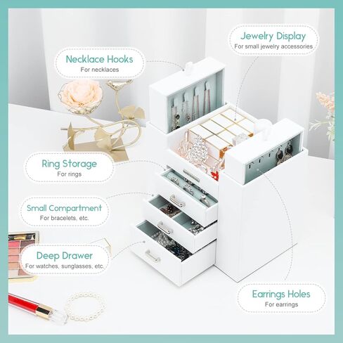 هومدي منظم مجوهرات للبنات والنساء، صندوق مجوهرات للقلائد والخواتم والاقراط وحامل تخزين المجوهرات للاساور والساعات والنظارات الشمسية (ابيض) in Kuwait