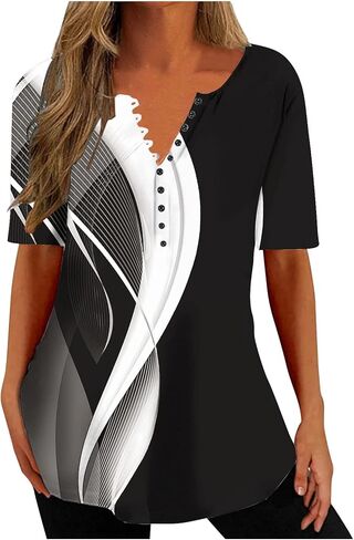 Casual Tops for Women Marble Print V-Neck Short Sleeve Shirs Tees Pattern Tunics Loose Vacation Blouses Tshirts 8-Black XX-Large in Saudi Arabia