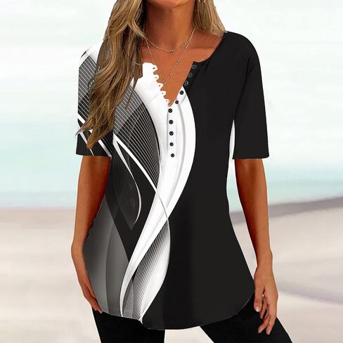 Casual Tops for Women Marble Print V-Neck Short Sleeve Shirs Tees Pattern Tunics Loose Vacation Blouses Tshirts 8-Black XX-Large in Saudi Arabia