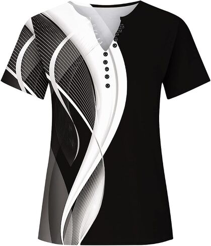 Casual Tops for Women Marble Print V-Neck Short Sleeve Shirs Tees Pattern Tunics Loose Vacation Blouses Tshirts 8-Black XX-Large in Saudi Arabia