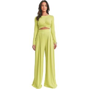 STRALUCISHOP Women's 2 Piece Outfits Short Sleeve Ruched Crop Top and Palazzo Pants Set in Saudi Arabia