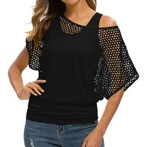 Joywish Women Casual Sexy 80s Costumes Fishnet Two Pieces T-Shirt Neon Off Shoulder 80s Fancy Dress Tops