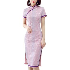 Women's Lace Floral Cheongsam Costume Vintage Short Sleeve Side Slit Midi Dress Fashion Chinese Tradtional Qipao Gowns in Kuwait
