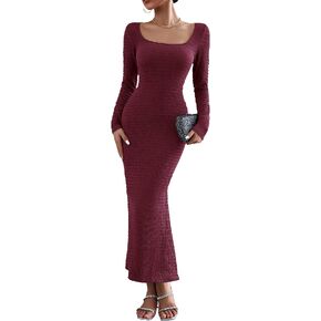 PRETTYGARDEN Women's 2023 Fall Maxi Bodycon Dress Long Sleeve Square Neck Long Fitted Mermaid Dresses