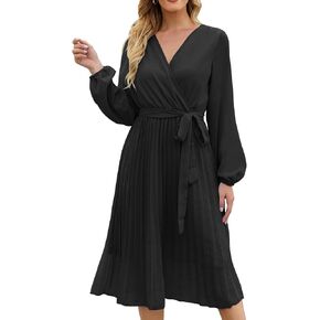 فستان BBX Lephsnt نسائي 2023 غير رسمي لحفلات الزفاف متوسط ​​الطول ورقبة على شكل V وأكمام طويلة مطوي وكشكش وحزام متدفق فستان كوكتيل in Kuwait