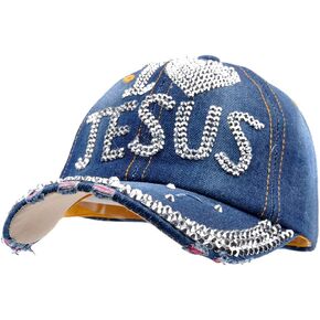 Elonmo Bling Rhinestone Hats,I Love Jesus Design Womens Baseball Cap Golf Hat Jeans Wash Denim Adjustable in Saudi Arabia