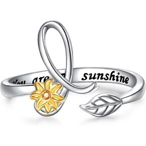 DAOCHONG Sterling Silver Gold Tone Sunflower Initial 26 Letter Script Name Alphabet A to Z Resizable Ring for Size 5-9 in Kuwait