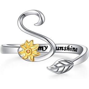 DAOCHONG Sterling Silver Gold Tone Sunflower Initial 26 Letter Script Name Alphabet A to Z Resizable Ring for Size 5-9