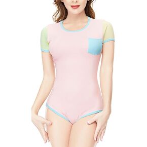 Cotton Button Crotch Bodysuit Adult Romper Onesie Pajamas Splicing Style