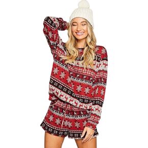 UNIQUEONE Womens Christmas Pajamas Sets Holiday 2 Piece Pajama Set Long Sleeve Pullover and Shorts Reindeer Sleepwear Set in Saudi Arabia