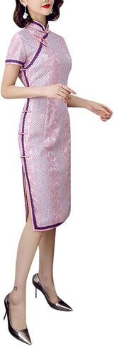 Women's Lace Floral Cheongsam Costume Vintage Short Sleeve Side Slit Midi Dress Fashion Chinese Tradtional Qipao Gowns in Kuwait