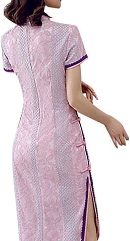 Women's Lace Floral Cheongsam Costume Vintage Short Sleeve Side Slit Midi Dress Fashion Chinese Tradtional Qipao Gowns in Kuwait