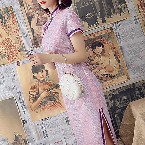 Women's Lace Floral Cheongsam Costume Vintage Short Sleeve Side Slit Midi Dress Fashion Chinese Tradtional Qipao Gowns in Kuwait