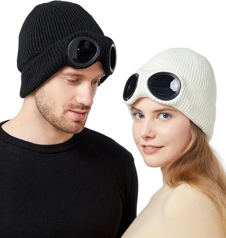 JUQLQUJ Beanie with Goggles Men Women - Unisex Plain Skull Knit Hat Cap in Saudi Arabia