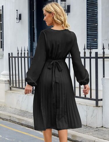 فستان BBX Lephsnt نسائي 2023 غير رسمي لحفلات الزفاف متوسط ​​الطول ورقبة على شكل V وأكمام طويلة مطوي وكشكش وحزام متدفق فستان كوكتيل in Kuwait