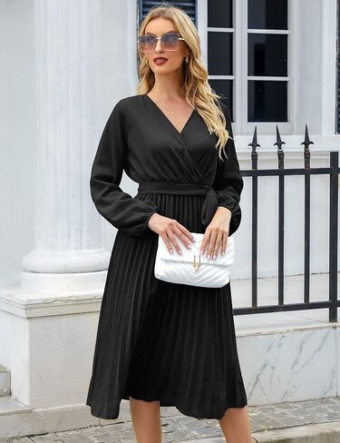 فستان BBX Lephsnt نسائي 2023 غير رسمي لحفلات الزفاف متوسط ​​الطول ورقبة على شكل V وأكمام طويلة مطوي وكشكش وحزام متدفق فستان كوكتيل in Kuwait