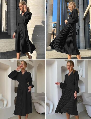 فستان BBX Lephsnt نسائي 2023 غير رسمي لحفلات الزفاف متوسط ​​الطول ورقبة على شكل V وأكمام طويلة مطوي وكشكش وحزام متدفق فستان كوكتيل in Kuwait